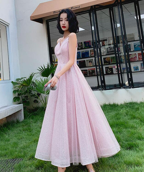 Blush Spaghetti Strap Glitter Tulle Tea Length Prom Dress Corset Back