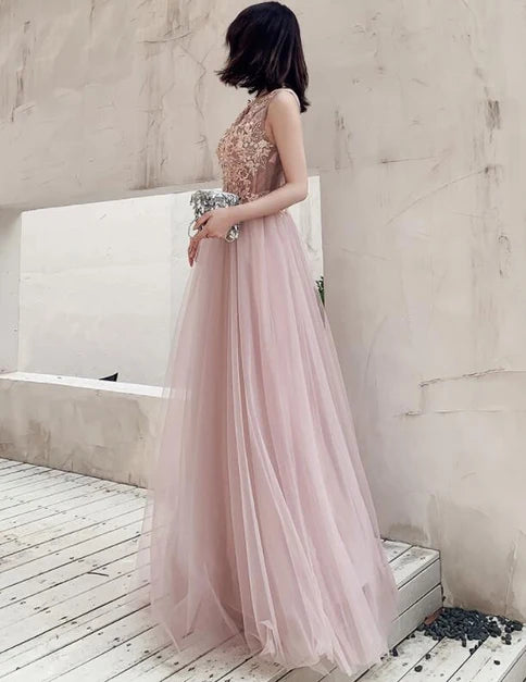 Dusty Pink Sleeveless Tulle Prom Dress V Neck Beaded Lace Appliques A Line