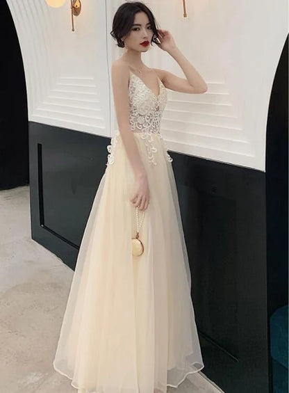 Champagne Spaghetti Strap Lace Tulle A Line Prom Dress