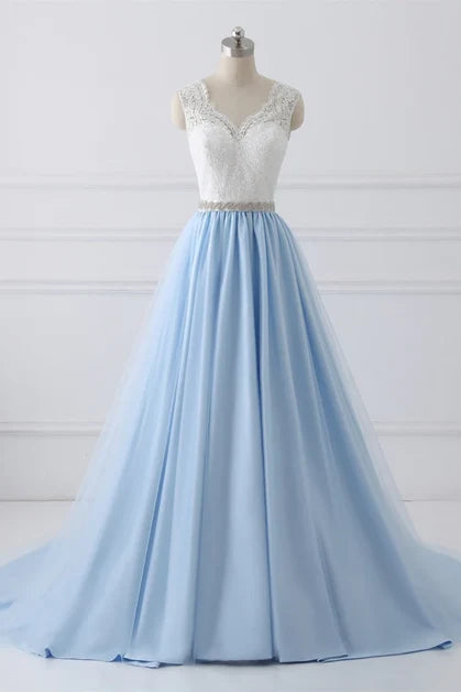 Light Blue Tulle A Line Prom Dress White Lace V Neck Bodice With Train