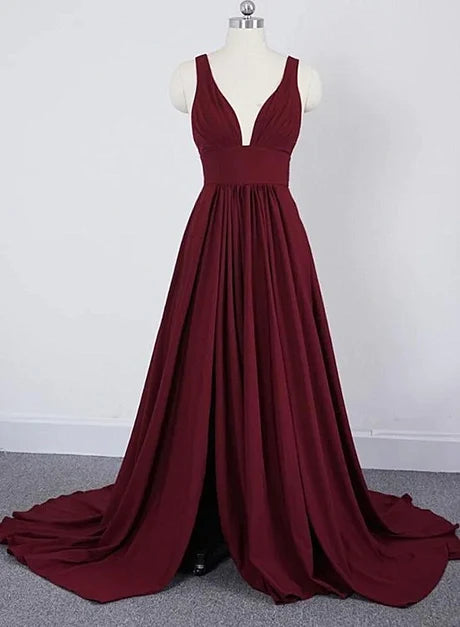 Burgundy V Neck Chiffon A Line Bridesmaid Dress With Slit And Train