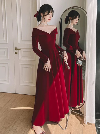 Elegant A-line Off Shoulder Long Sleeve Lace Up Long Bridesmaid Gown