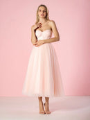 Blush Strapless Sweetheart Corset Midi Tulle Dress Lace-Up Back Tea Length Formal Gown