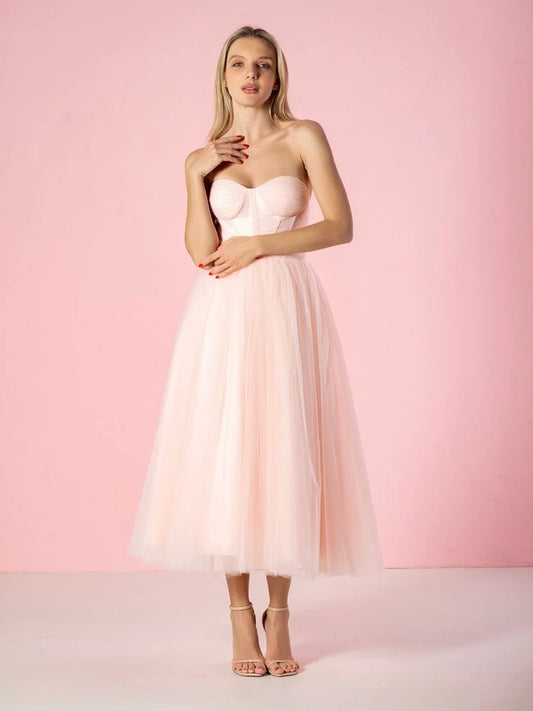 Blush Strapless Sweetheart Corset Midi Tulle Dress Lace-Up Back Tea Length Formal Gown
