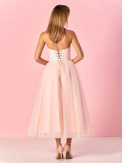 Blush Strapless Sweetheart Corset Midi Tulle Dress Lace-Up Back Tea Length Formal Gown