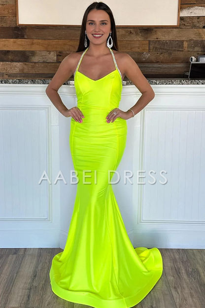 AABEI DRESS Prom Dress Sexy Mermaid Halter Open Back Long Satin Charming Formal Dress