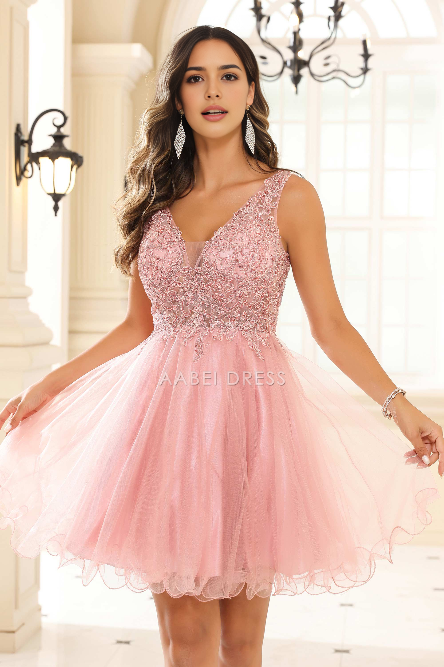 AABEI DRESS Short Dress Exquisite A-Line V-Neck Sleeveless Ruched Tulle Sexy New Homecoming Dress
