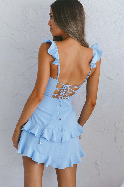Sweetness Sheath Square Neck Ruffle strap Lace-Up Backless Layering Ruched Light Blue Elegance Mini Dress Hot Sale Homecoming Dress