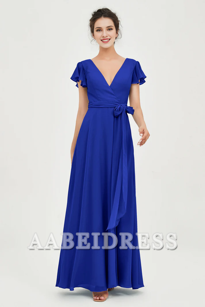 AABEI DRESS Bridesmaid Dresses Chiffon A-Line V-neck Flutter Sleeves Pleated Lace up Floor-Length Elegant Simple Wedding Guests Dresse