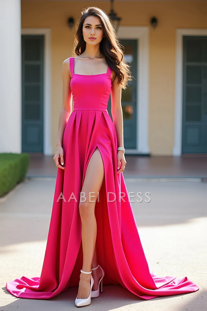 AABEI DRESS Hot Sale Prom Dress Elegant A Line Square Neck Pleated Backless Simple Long With Slit Formal Dress