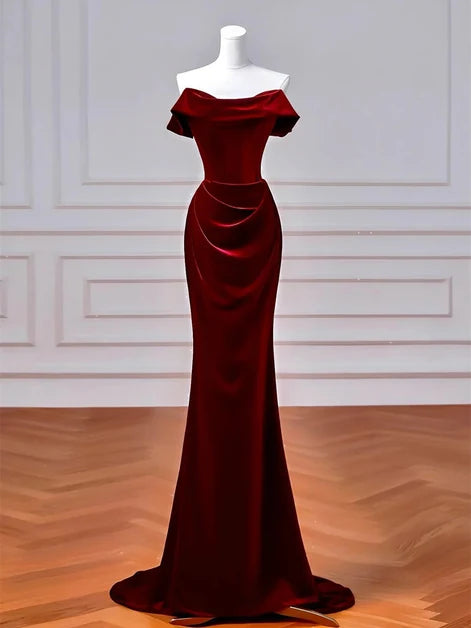 Luxury Mermaid Off Shoulder Short Sleeve Lace Up Train Bridesmaid Gown