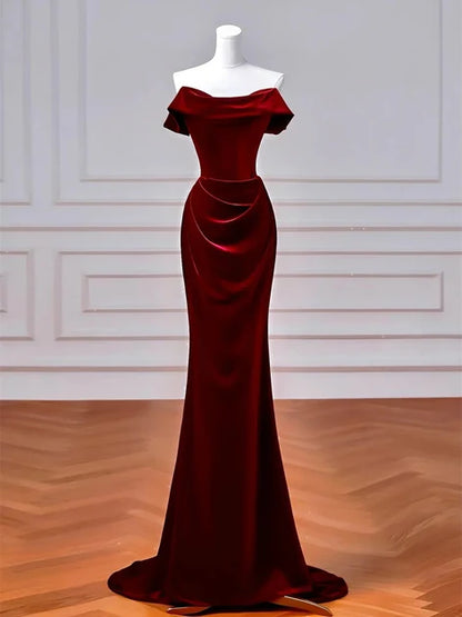 Luxury Mermaid Off Shoulder Short Sleeve Lace Up Train Bridesmaid Gown