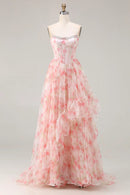 Romantic Prom Dress Pink Printing Floral A Line Strapless Corset Beaded Sleeveless with Tiers Ruffles Backless Bargain Long Wedding Guest Dress
