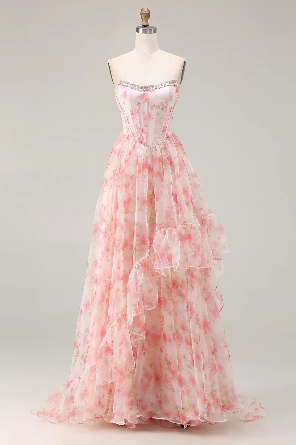 Romantic Prom Dress Pink Printing Floral A Line Strapless Corset Beaded Sleeveless with Tiers Ruffles Backless Bargain Long Wedding Guest Dress