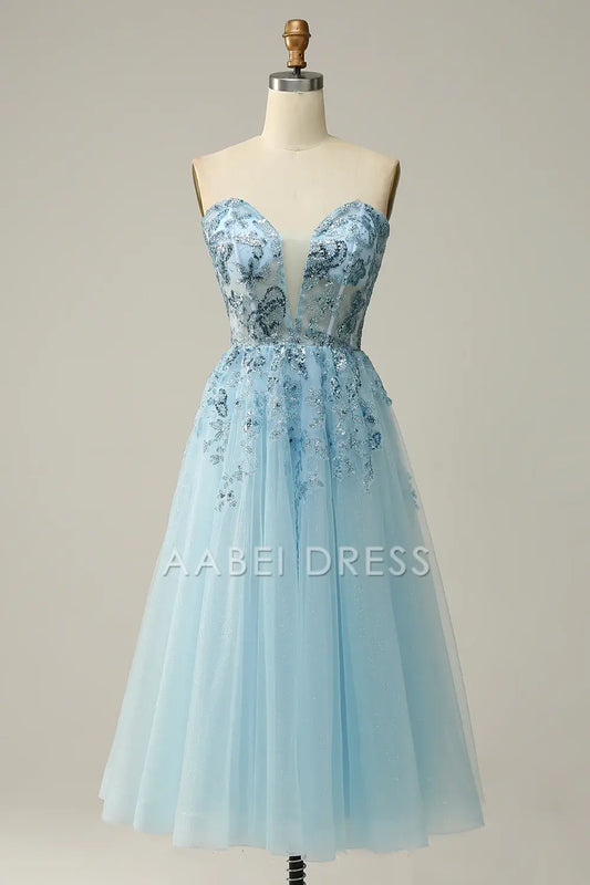 AABEI DRESS Hot Sale Prom Dress Exquisite A Line Sweetheart Corset Tulle Tea-Length Party Dress
