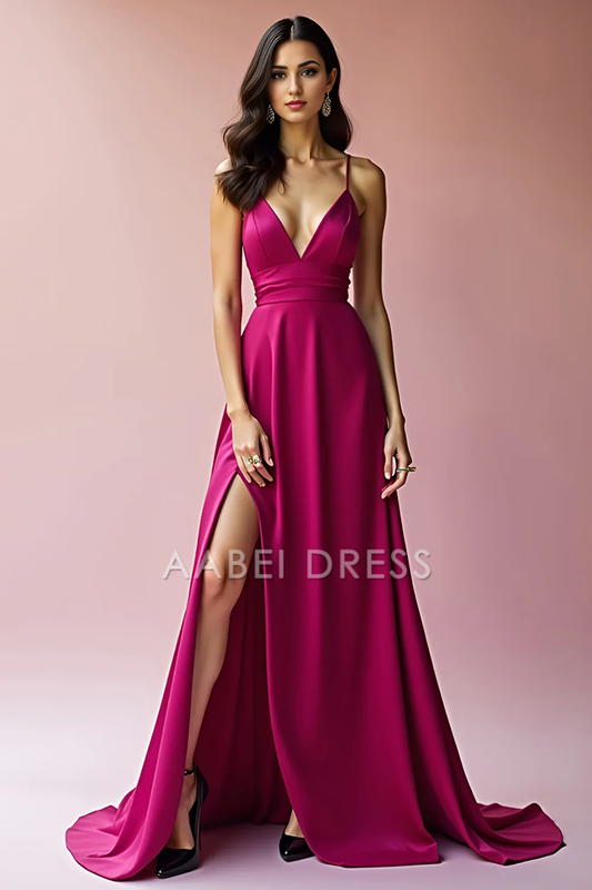 AABEI DRESS Hot Sale Prom Dress Charming A Line Deep V Neck Spaghetti Strap Backless Long With Slit Formal Dress
