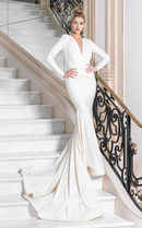 AABEI DRESS Fashion Mermaid Deep V Neck Long Sleeves Pleated Temperament Sweep Train Wedding Dress