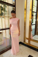Elegant Formal Women's Dresses Exquisite Pink Mermaid One Shoulder Sleeveless Pleated Floor Length Affordable Prom Dress