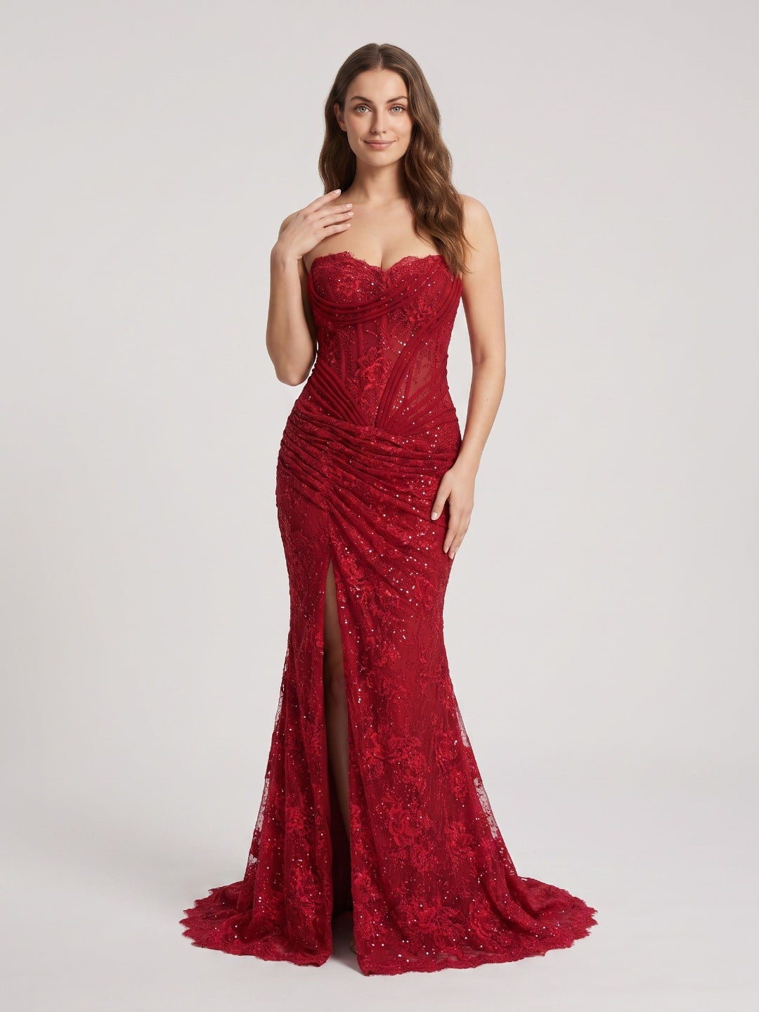 Red Lace Mermaid Sweetheart Lace-Up Back Floor-Length Dress