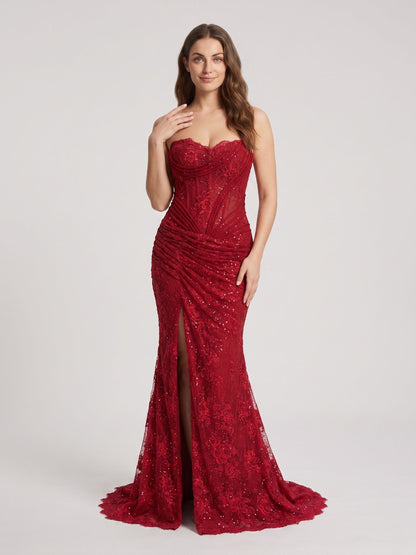 Red Lace Mermaid Sweetheart Lace-Up Back Floor-Length Dress