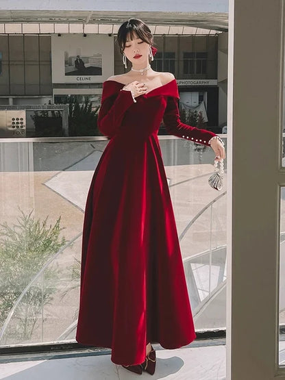 Elegant A-line Off Shoulder Long Sleeve Lace Up Long Bridesmaid Gown