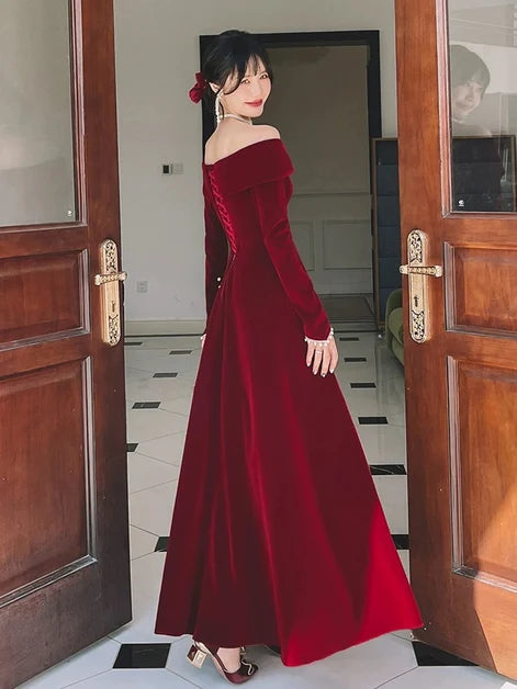 Elegant A-line Off Shoulder Long Sleeve Lace Up Long Bridesmaid Gown