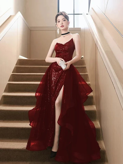 Sparkly A-line V-neck Spaghetti Strap Open Back Slit Long Prom Gown