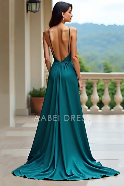 AABEI DRESS Hot Sale Prom Dress Elegant A Line V-Neck Spaghetti Strap Backless Long With Slit Formal Dress
