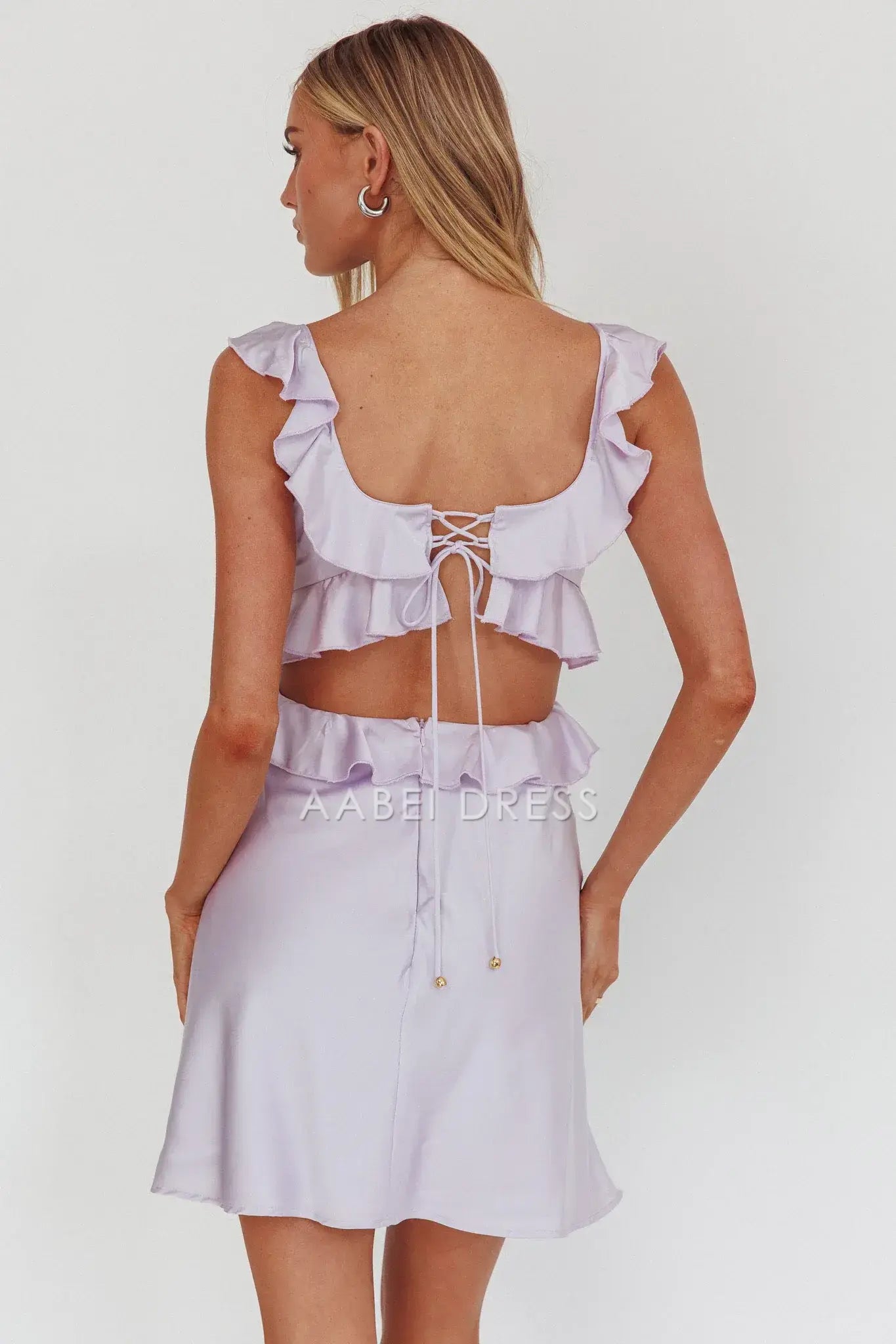 A Line Deep V Neck Sleeveless Hollow-out Ruffle Trim Backless Lilac Cute Mini Dress Hot Sale Homecoming Dress