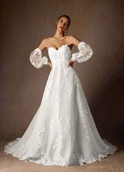 Exquisite A Line Strapless Sweetheart Neckline Detachable Long Sleeves Lace Applique Backless Romantic Hot Sale Wedding Dress