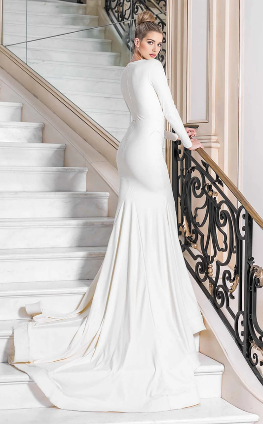 AABEI DRESS Fashion Mermaid Deep V Neck Long Sleeves Pleated Temperament Sweep Train Wedding Dress