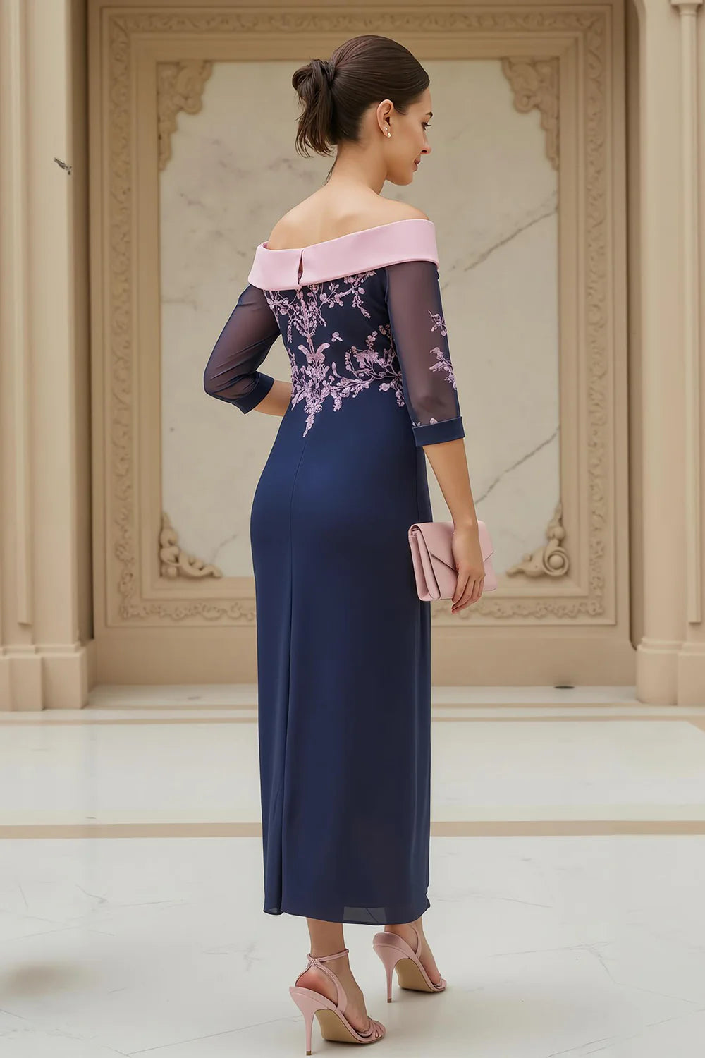 Elegant Navy Sheath Off Shoulder Appliqued with Sleeves Retro Wedding Guest Dress For Women Hot Sale Mother of the Bride Dress