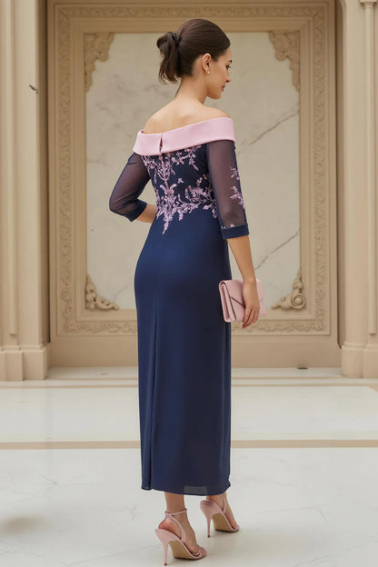 Elegant Navy Sheath Off Shoulder Appliqued with Sleeves Retro Wedding Guest Dress For Women Hot Sale Mother of the Bride Dress