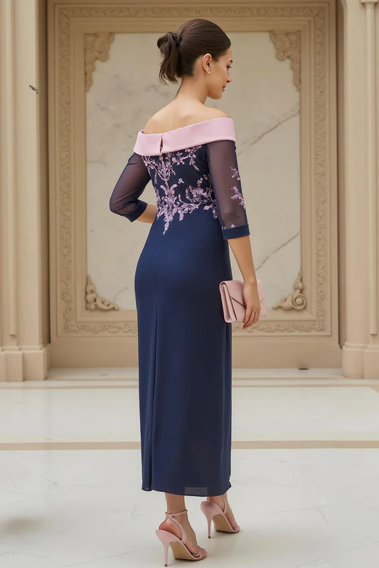 Elegant Navy Sheath Off Shoulder Appliqued with Sleeves Retro Wedding Guest Dress For Women Hot Sale Mother of the Bride Dress