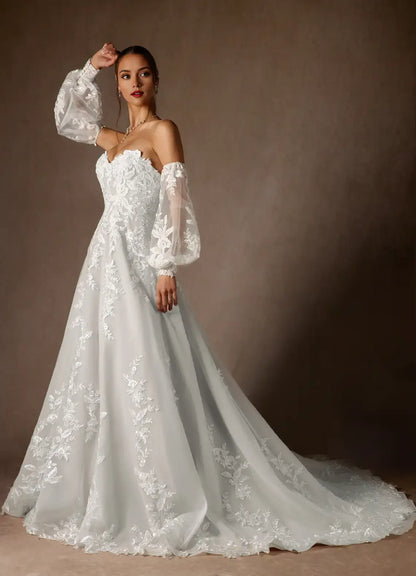 Exquisite A Line Strapless Sweetheart Neckline Detachable Long Sleeves Lace Applique Backless Romantic Hot Sale Wedding Dress