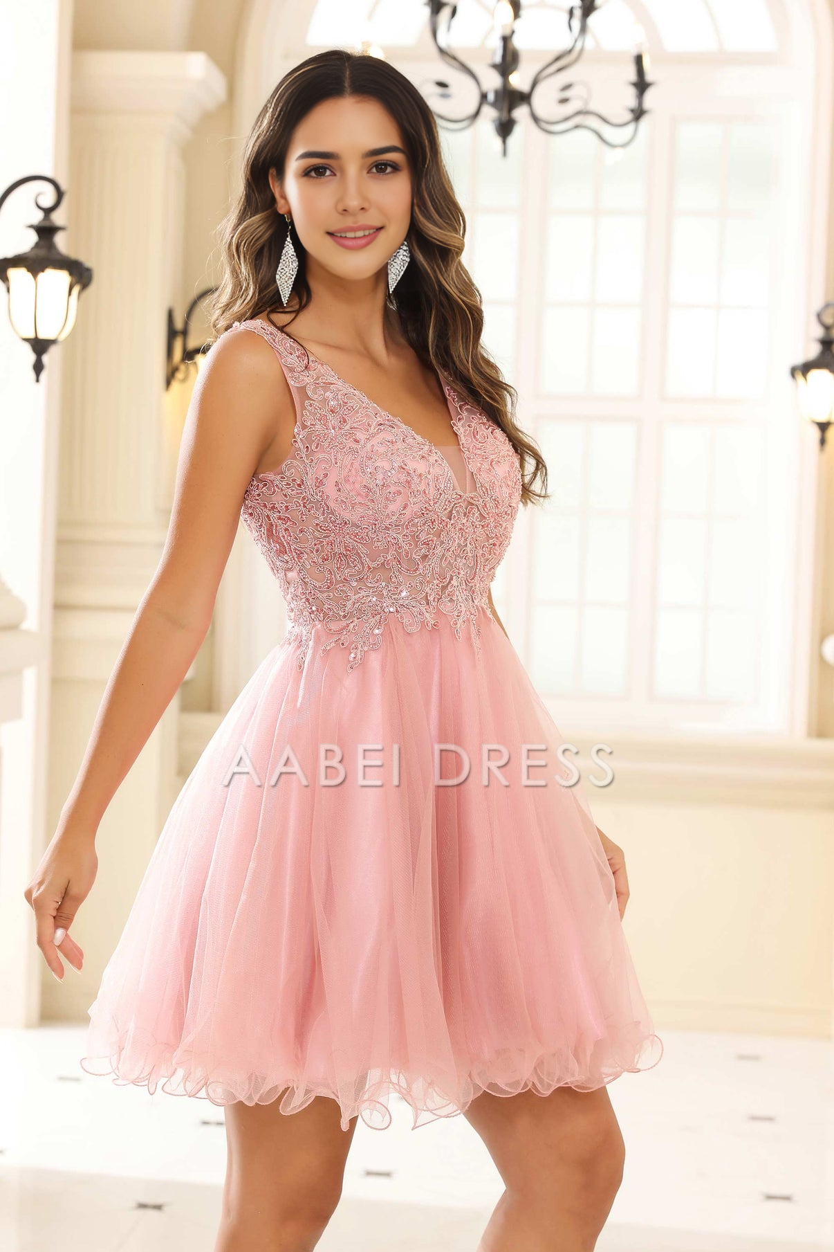 AABEI DRESS Short Dress Exquisite A-Line V-Neck Sleeveless Ruched Tulle Sexy New Homecoming Dress