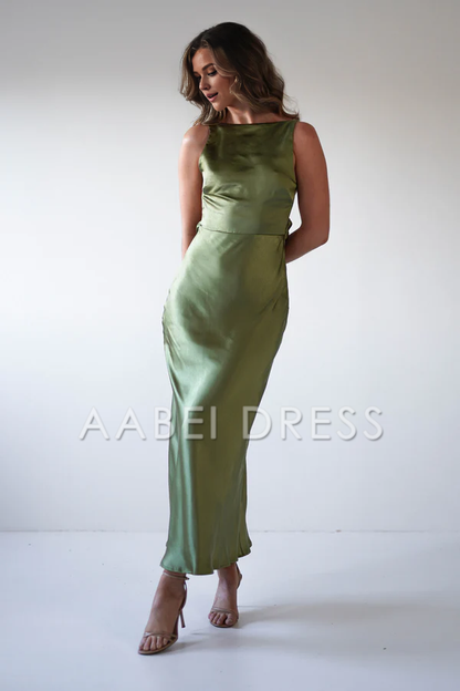 AABEI DRESS Prom Dress Column Backless Gathered Waistline Stunning Sleeveless Satin Simple Dress
