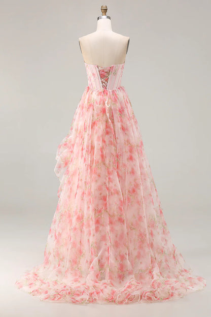 Romantic Prom Dress Pink Printing Floral A Line Strapless Corset Beaded Sleeveless with Tiers Ruffles Backless Bargain Long Wedding Guest Dress