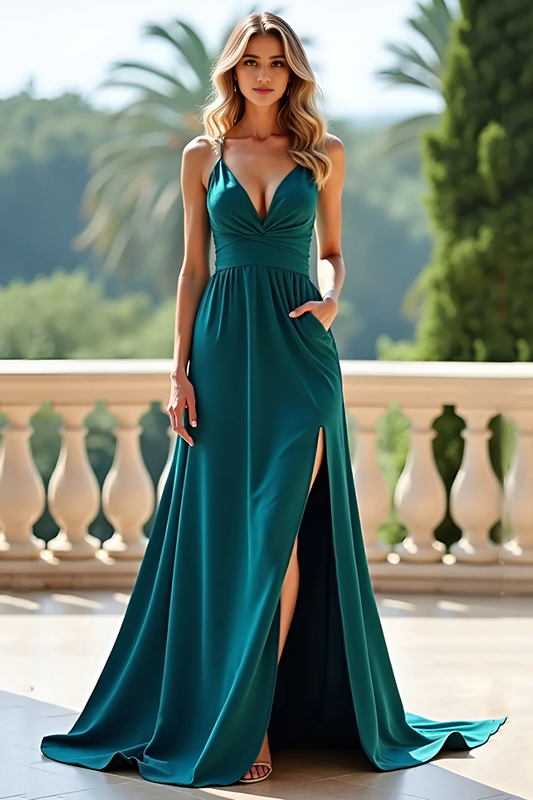 AABEI DRESS Hot Sale Prom Dress Elegant A Line V-Neck Spaghetti Strap Backless Long With Slit Formal Dress