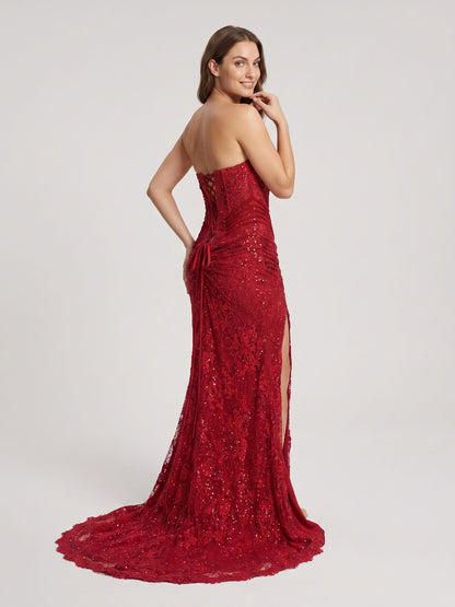 Red Lace Mermaid Sweetheart Lace-Up Back Floor-Length Dress