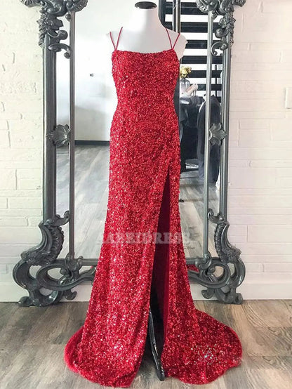Evening Dress Mermaid Spaghetti Straps Sequins Sweep Train Prom Dress Backless Side Fork Fashion Formal Women's Dresses