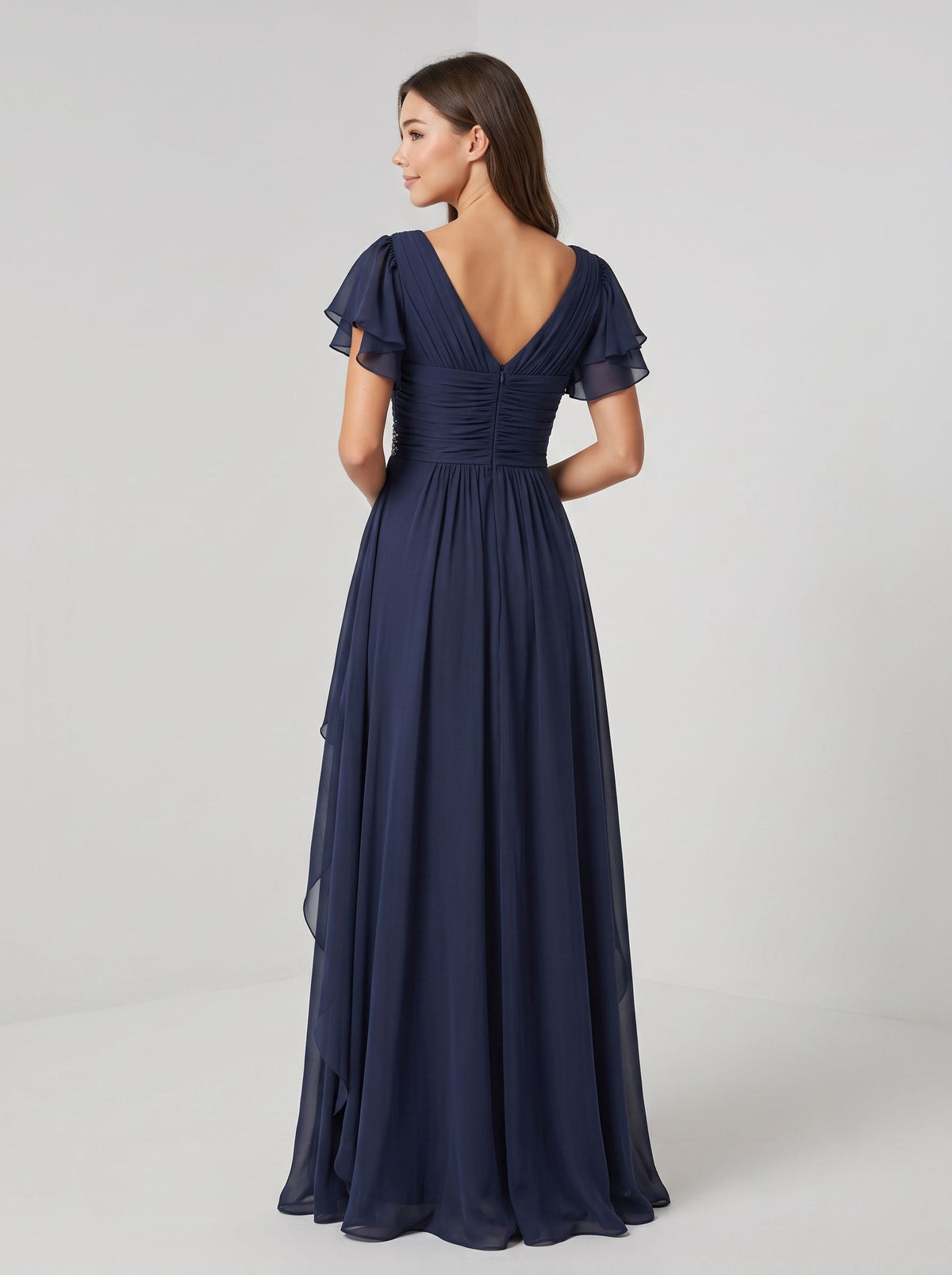 Dark Navy Chiffon A-Line V-Neck Back Zip Floor-Length Dress