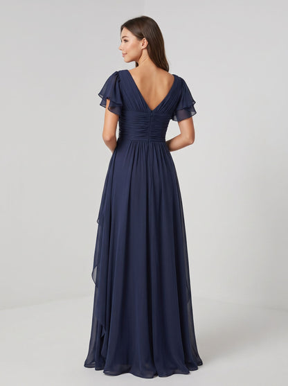Dark Navy Chiffon A-Line V-Neck Back Zip Floor-Length Dress