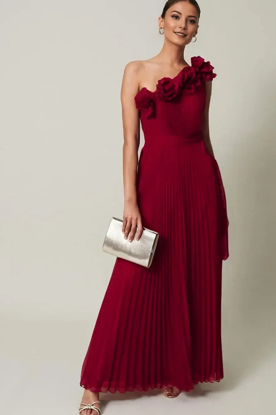 Elegant Formal Women's Dresses A Line One Shoulder Sleeveless Chic Pleated Dress With 3D Flowers Floor Length Affordable Prom Dress