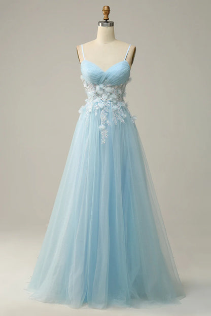 AABEI DRESS Hot Sale Prom Dress Elegant A Line V Neck Pleated Spaghetti Straps flower Tulle Fantastic Long Party Dress