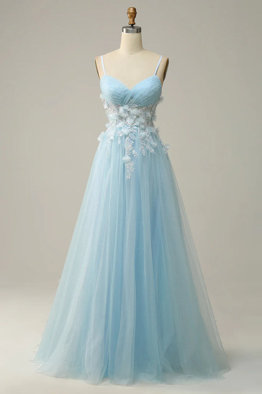 AABEI DRESS Hot Sale Prom Dress Elegant A Line V Neck Pleated Spaghetti Straps flower Tulle Fantastic Long Party Dress