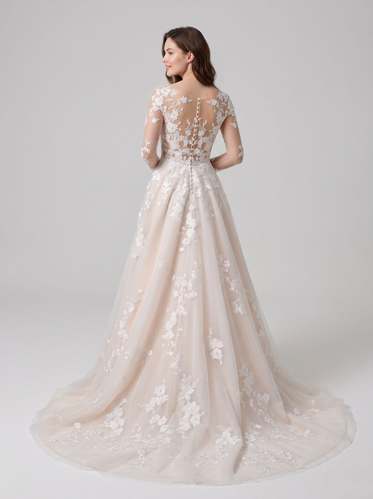 Ivory Tulle A-Line Illusion Neck Back Zip Floor-Length Dress