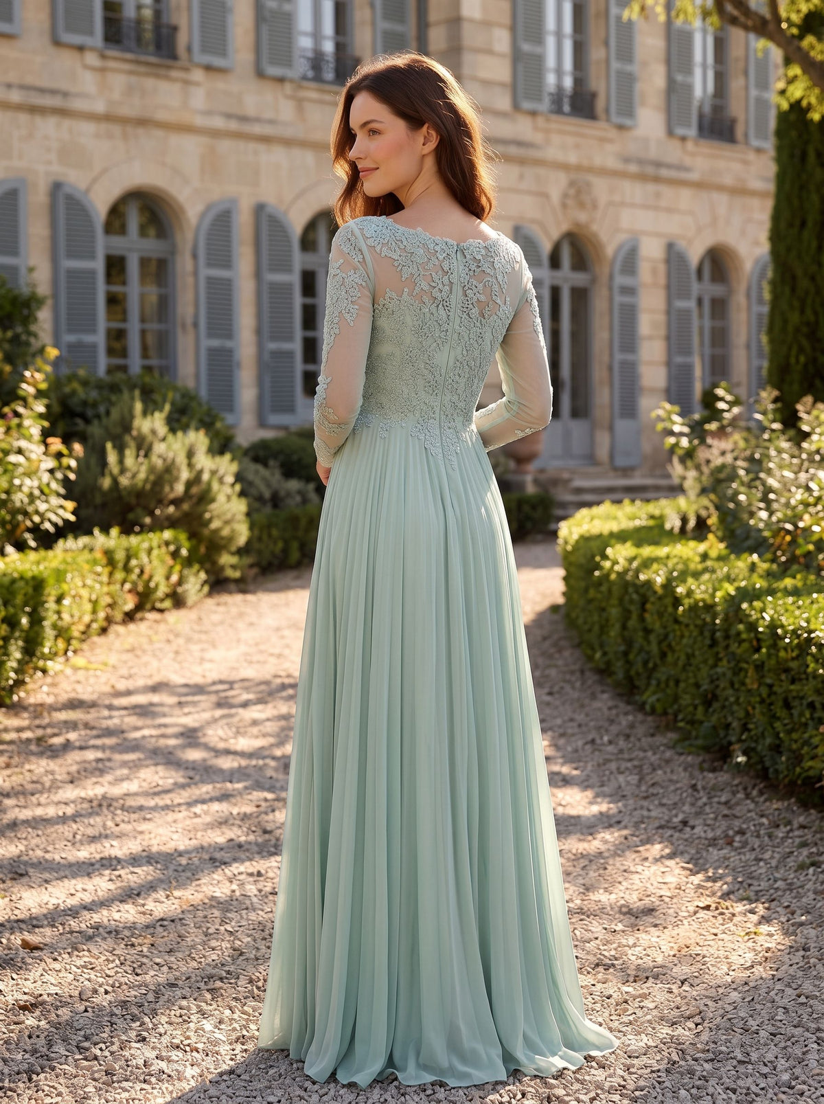 Mint Green Chiffon A-Line Boat Neck Back Zip Floor-Length Dress