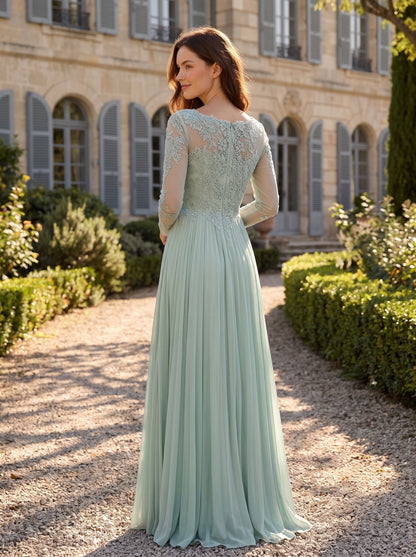Mint Green Chiffon A-Line Boat Neck Back Zip Floor-Length Dress