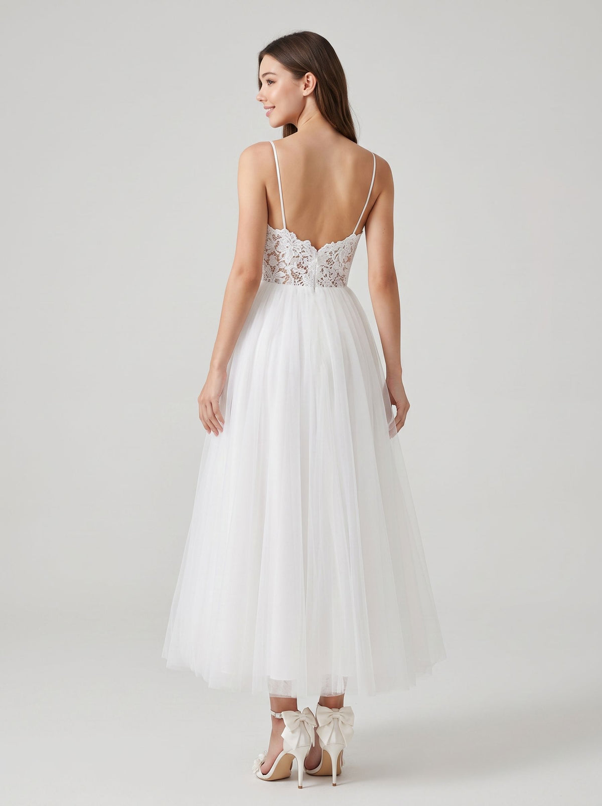 Ivory Lace A-Line V-Neck Back Zip Tea-Length Dress